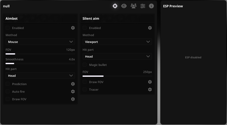 null Aim tab — aimbot and silent aim controls