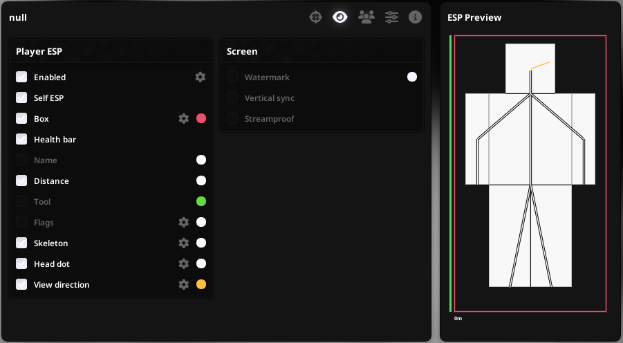 null ESP tab — player ESP with live preview