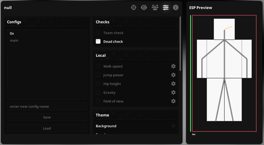 null Settings tab — configs, checks, local options
